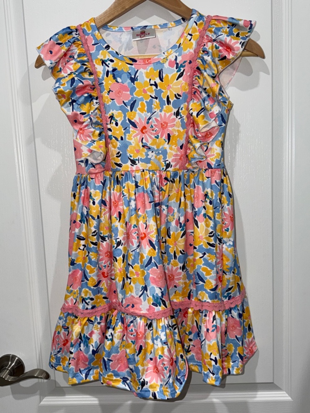 Ruffle Girl southern boutique Kids Floral Ruffle Dress - Pink, Yellow & Blue